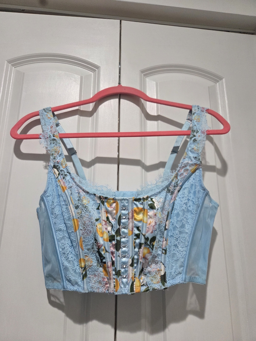 Victoria's Secret Light Blue Lace-Trim Floral Satin Corset. Size L.